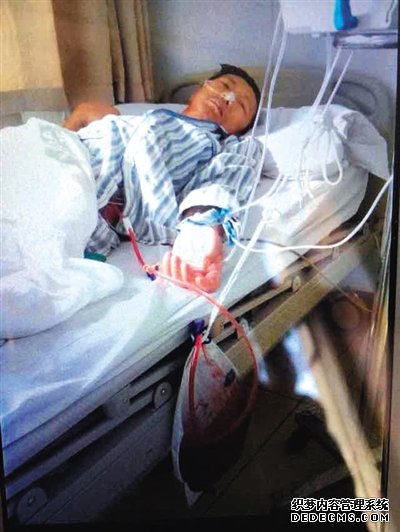 北京306醫(yī)院，于尚清躺在病床上，身上插滿管子，靠呼吸機、血泵等維持生命。家屬供圖