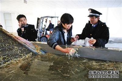 　執(zhí)法人員正讓一名員工從洗豆芽池內(nèi)取樣，準備帶回檢測化驗。